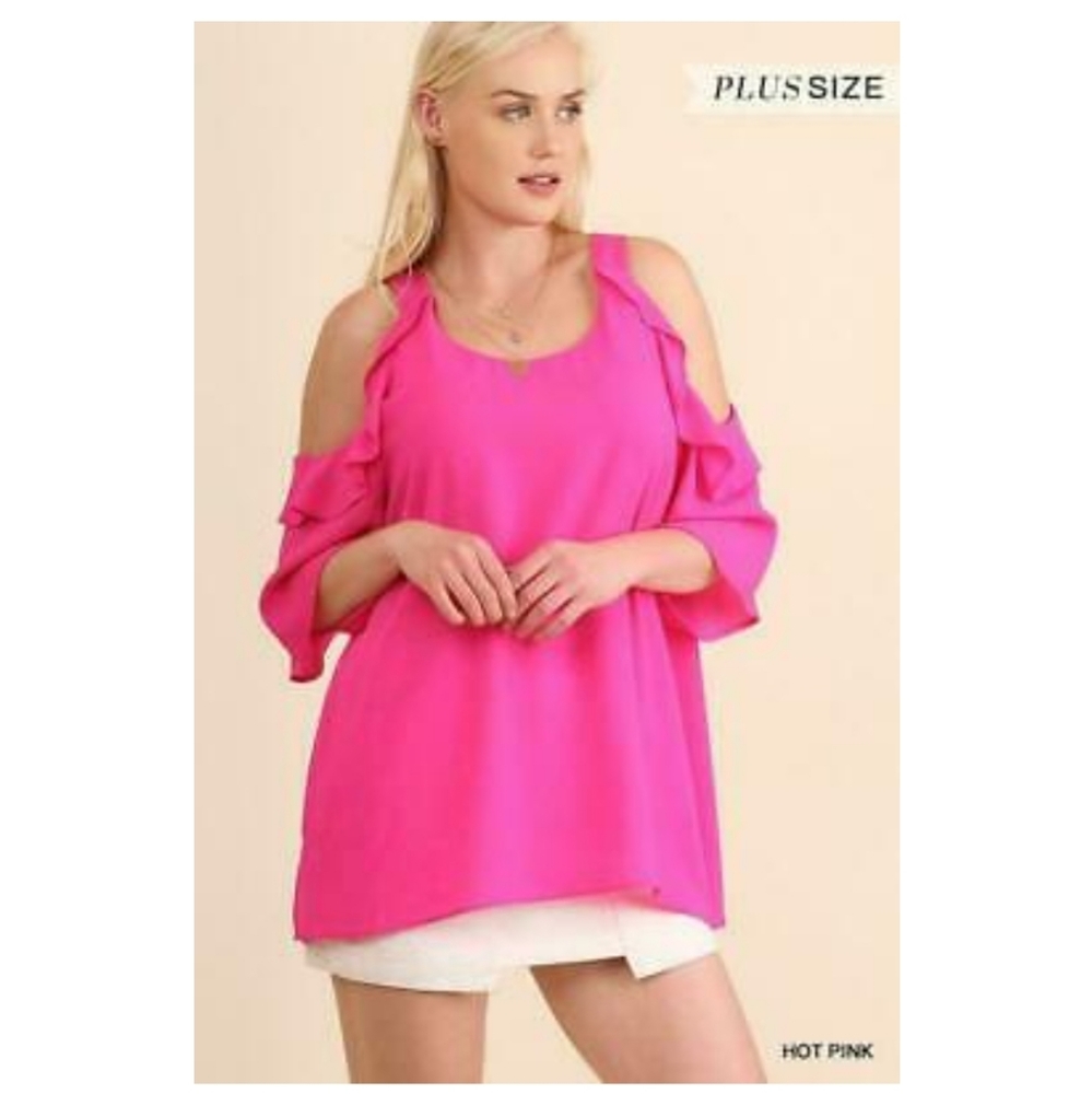 Plus Hot Pink Cold Shoulder Ruffle Top